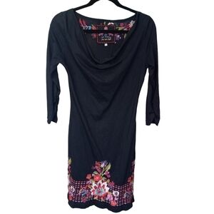 Johnny Was Embroidered Drape Neck Cotton Floral Dress Black Dress Size Small